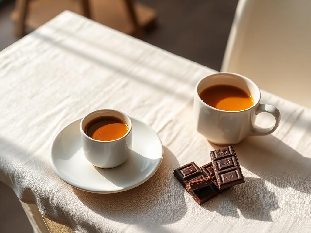 Café com chocolate e fruta sobre a mesa no fim da tarde